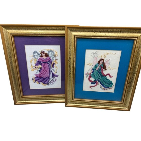 Vtg Set Of 2 Framed Angel Cross-Stitch Art With Gold‎ Frames Colorful Background - Picture 1 of 7
